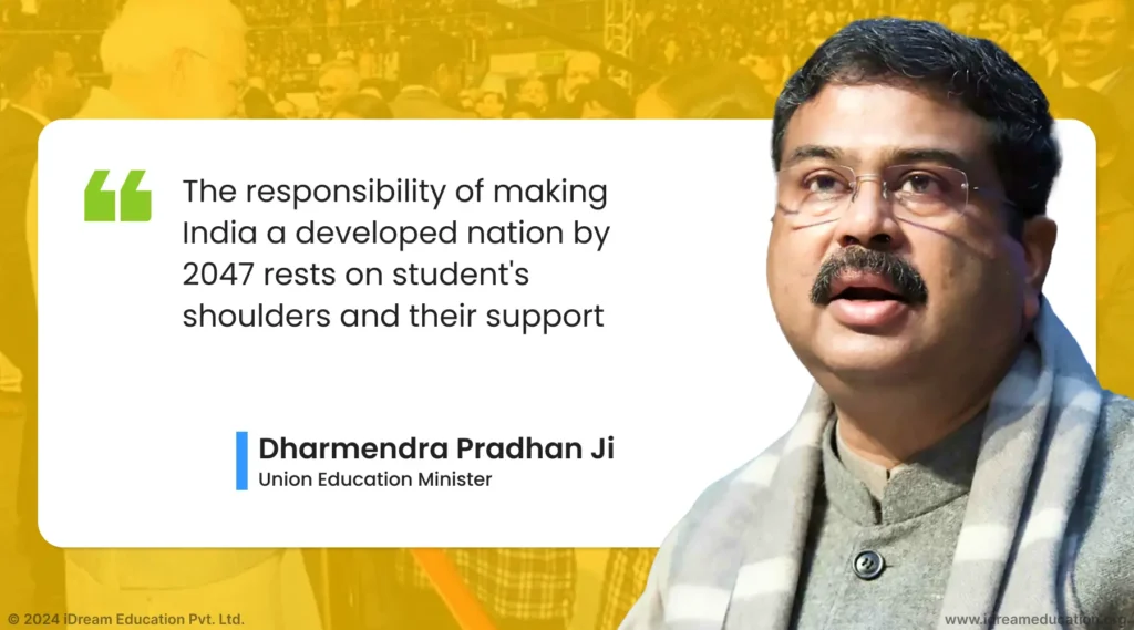 Union Education Minister Dharmendra Pradhan addressing the audience during 'Pariksha Pe Charcha 2024,' sharing valuable insights with students and their responsibility.