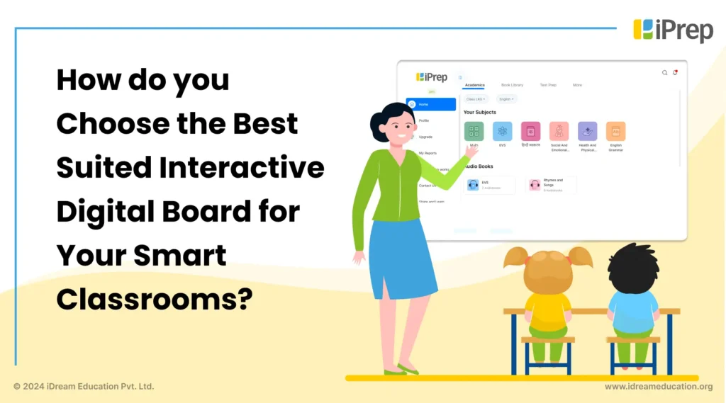 Cover image of a blog titled 'A Guide to Buying an Interactive Digital Board for Schools,' featuring a illustration of interactive digital board (IDB) for smart classrooms