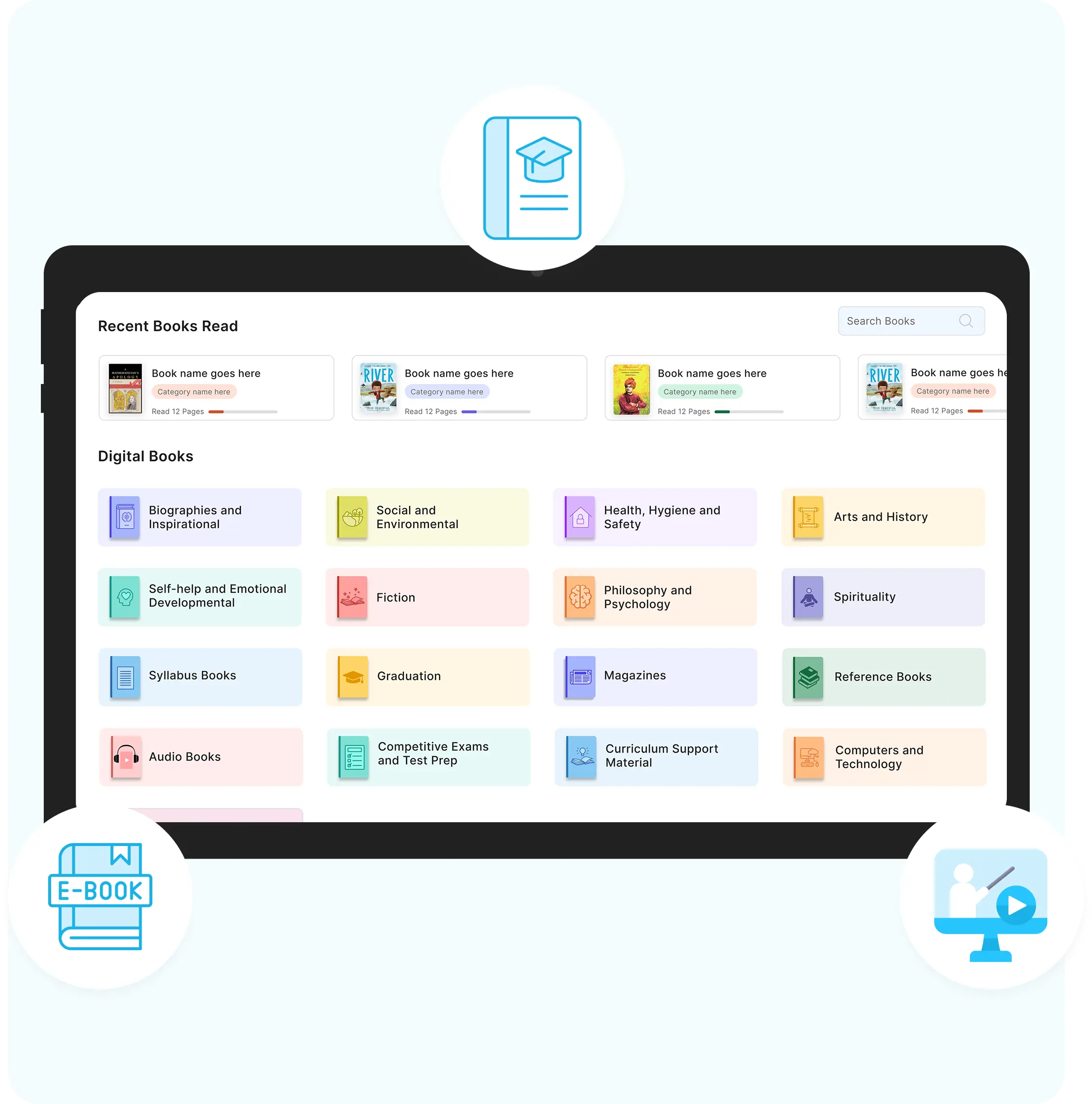 Home screen of the iPrep Digital Library platform displayed on a tablet, showing multiple digital library resources