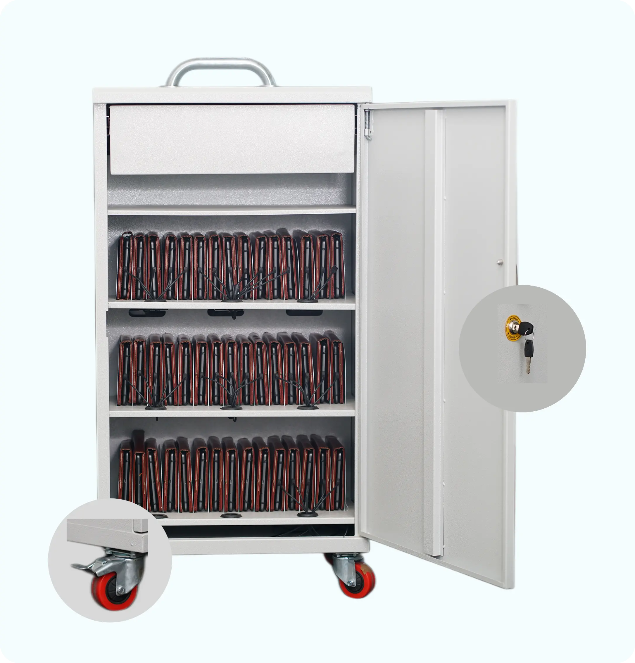 Image showing storage and charging rack for tablets with wheels, designed for easy mobility across classrooms, halls, and various school areas