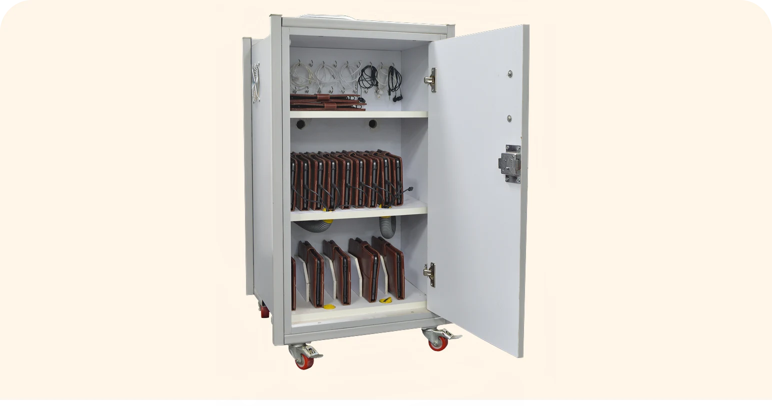 Image Showing Charging and storage rack that can accommodate tablets, laptops, and Chromebooks for setting up an affordable digital library in schools