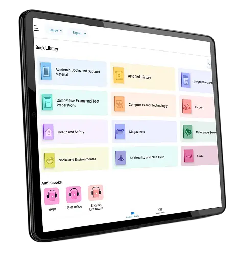 Tablet displaying iPrep digital book library interface with a variety of books from different genres available on one platform