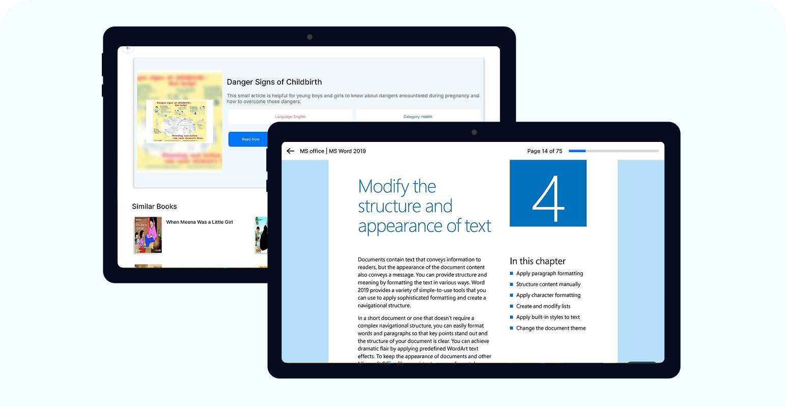 Tablet displaying books of different genres in a digital library for school students