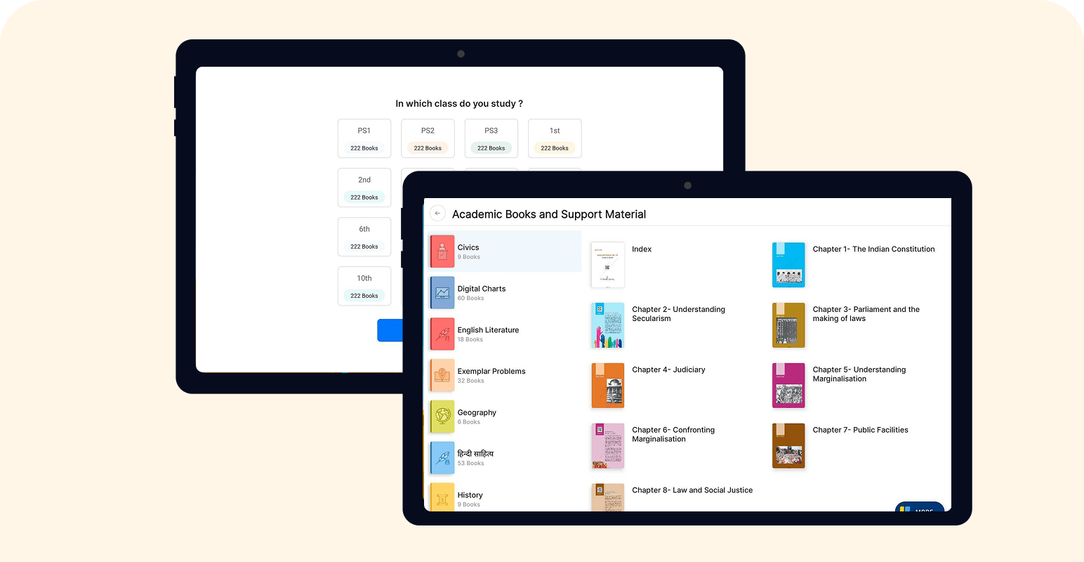 Tablet displaying options to access curriculum-aligned academic learning material in a digital book library