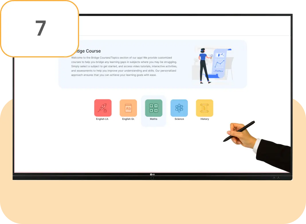 Interactive Flat Panel displaying the introduction of bridge courses, designed in alignment with teachers' academic plans to address historical learning gaps while ensuring continuity in current grade-level learning.