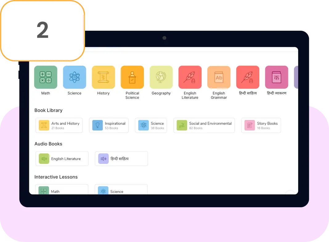 Image of Tablet displaying a K-12 LMS, designed for personalized learning in schools and at home, featuring vibrant visuals and intuitive navigation.
